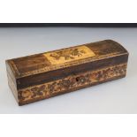 Tunbridge ware sewing needle box with floral rose inlay design and domed top, with working key, 22cm