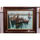 Oil Painting on Board of Cornish Fishing Boats coming into Harbour, after Harold Harvey, signed low
