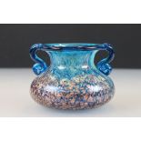 Blue and Green Mottled Glass Twin Handled Vase with gold adventurine flakes, probably Monart, 8.
