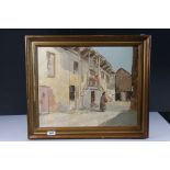 William Diverall, oils on board, extensive farm scene with woman in courtyard, signed