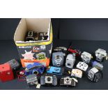 A large collection of cameras to include Kodak, Lubitel and Fisher Price examples.