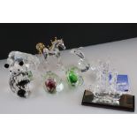 Collection of eight pieces of crystal glass, to include Mayflower ship, Welsh dragon, floral teapot,