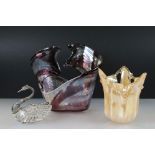Silver and Cut Glass Dish in the form of a Swan, 14cm long together with Two Italian Murano Glass