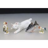 Meissen Porcelain Figure of a White Cat crawling (tail missing) together with Two Continental