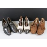 A collection of three pairs of 1920's ladies shoes together with shoe trees.