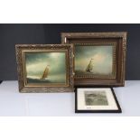 Pair of Oil Paintings on Board of Sailing Boats at Sea, 24cm x 19cm, framed together with an