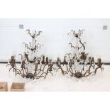 Pair of Metal and Glass Four Tier Chandeliers, the bottom tier with ten branches of electric