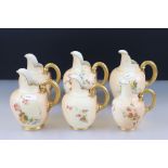 Six 19th and Early 20th century Royal Worcester Blush Ivory Flat Sided Jugs, all pattern no. 1094,