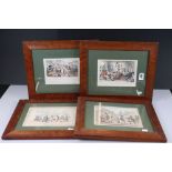 Set of four framed and glazed satirical prints of early 19th century figures mounted in burr wood