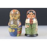 Set of Six Painted Wooden Russian Matryoshka Nesting Dolls together with another Set of Seven