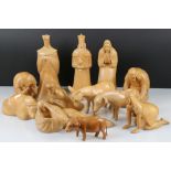 Eleven Hand Carved Sycamore Nativity Figures and Animals, tallest 28cm together with one other piece