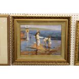 Gilt framed oil painting, Impressionist beach scene with children beachcombing