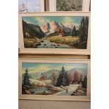 Two Mid century Bavarian Oil Paintings on Canvas of Mountainous Landscape Scenes, both signed, 101cm