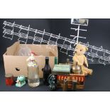 A group of mixed collectables to include a soda syphon, vintage teddy bear, thimbles, advertising