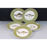 Five French ' Marcel Guillot ' Peint a la Main Hand painted Fish Plates titled Ableties, Gardon,