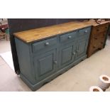 Painted Pine Dresser Base with waxed pine top, over three drawers and three cupboards, 157cm long