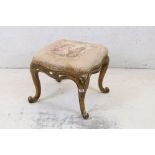 19th century French Carved Giltwood Square Stool with shaped embroidered upholstered seat, shaped