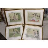 Set of Four Chinese Colour Pictures of Ladies in Gardens, calligraphy and red seal marks, 35cm x
