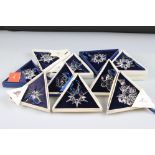 Ten Boxed Swarovski Christmas / Holiday Ornaments comprising a continuous run from 1994 to 2003