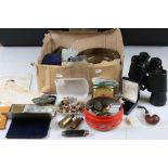 A box of mixed collectables to include binoculars, antique jewellery, badges, tankard, cigarette