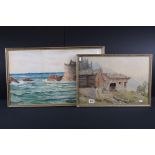 19th century Watercolour of a Figures in a Barn set in a Continental Landscape with Lake and