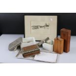 A box of mixed collectables to include two Coracle Brand lunchboxes, a wooden cigarette box and a