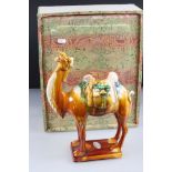 20th century Chinese Ceramic Tang style Camel, 34cm high, fitted in a silk covered box