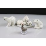 Two Lladro Polar Bears, Lladro Polar Bear Group and a Lladro Seal balancing a ball