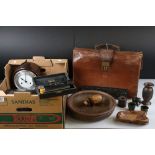 A box of mixed collectables to include a bakelite mantle clock, a quantity of carved and turned