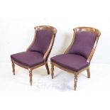 Pair of 19th century Walnut Framed Salon Chairs with purple fabric upholstery, 50cm wide x 75cm high