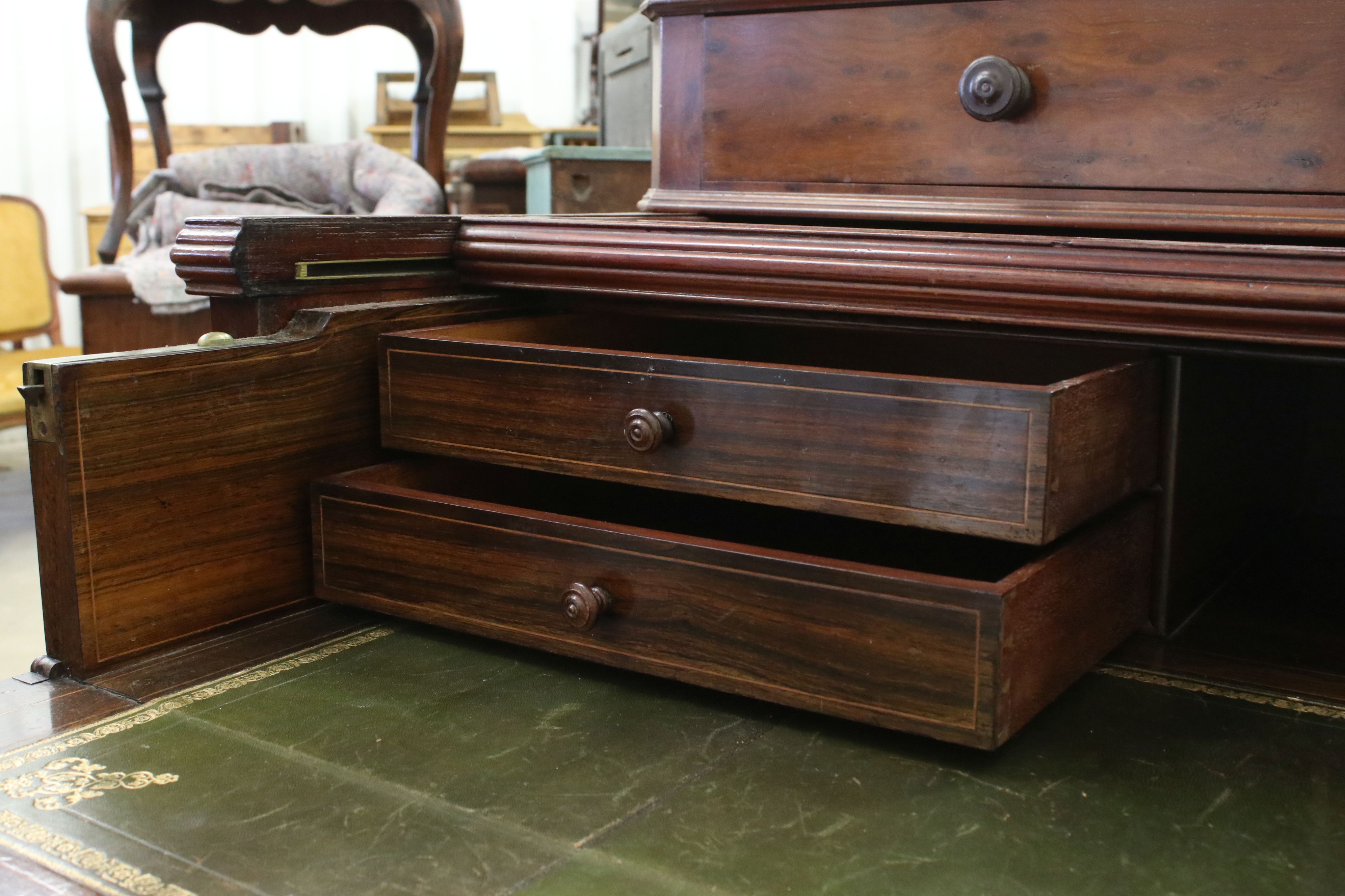 Victorian Desk, three upper drawers above a sliding secretaire with tooled leather inset and two - Image 5 of 11
