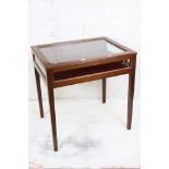 Edwardian Mahogany Glazed Bijouterie Table raised on square tapering legs, 81cm wide x 61cm high x