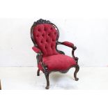 Victorian Salon Chair with foliate carved rosewood show-frame and red fabric button back upholstery,