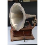 His Master's Voice wind up gramophone with metal horn and wooden base