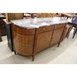 French Louis XVI style Bow Fronted Marble Top Sideboard with parquetry inlay comprising two straight