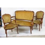 French Louis XV style Three Piece Salon Suite comprising Settee and Two Armchairs with gold coloured