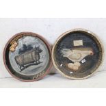 Pair of Papier Mache Bowls, one painted with a laying hen and the other painted with a prize bull,
