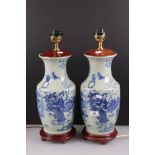 Pair of Chinese style Blue and White Porcelain Table Lamps on wooden stands, 50cm high