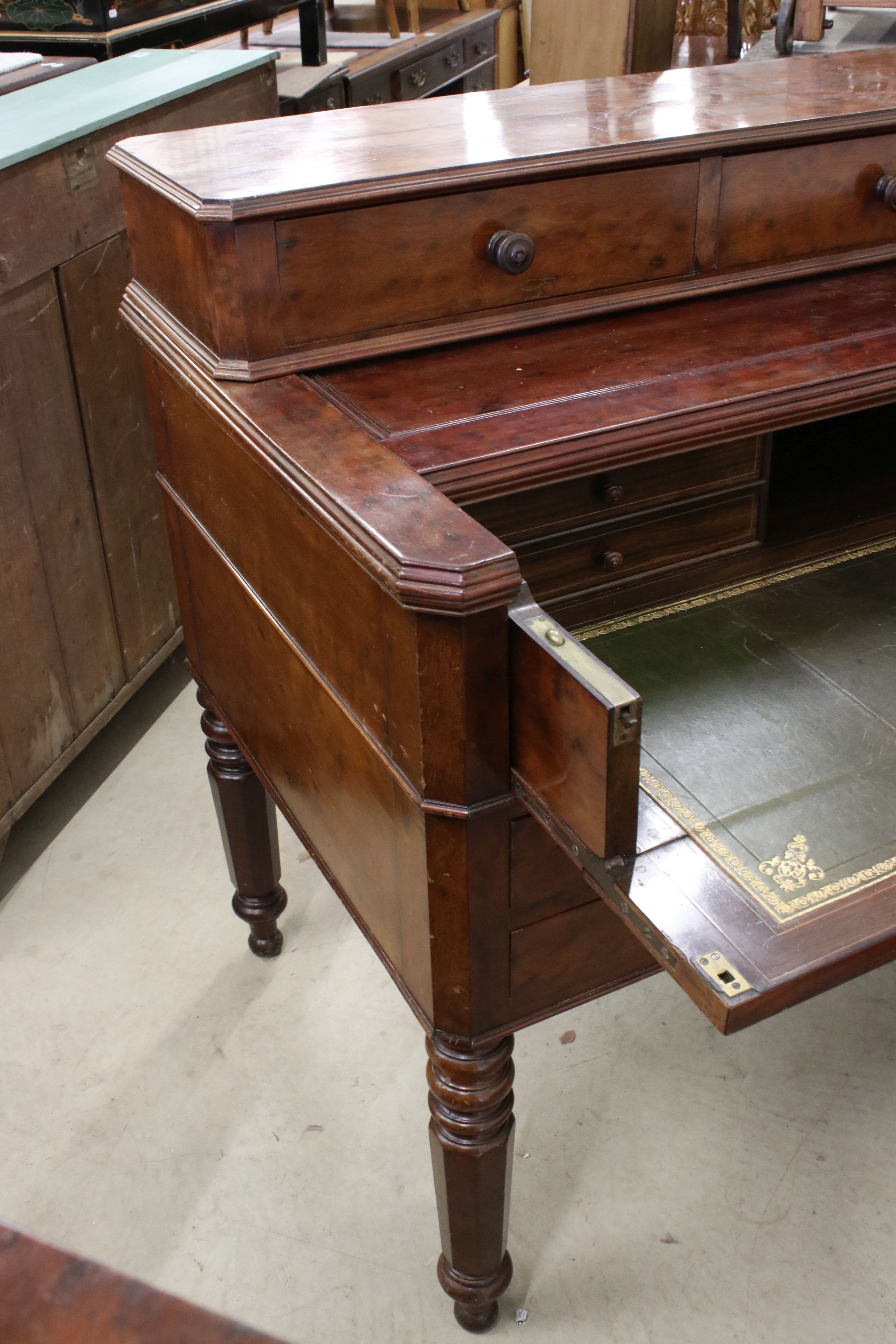 Victorian Desk, three upper drawers above a sliding secretaire with tooled leather inset and two - Image 3 of 11