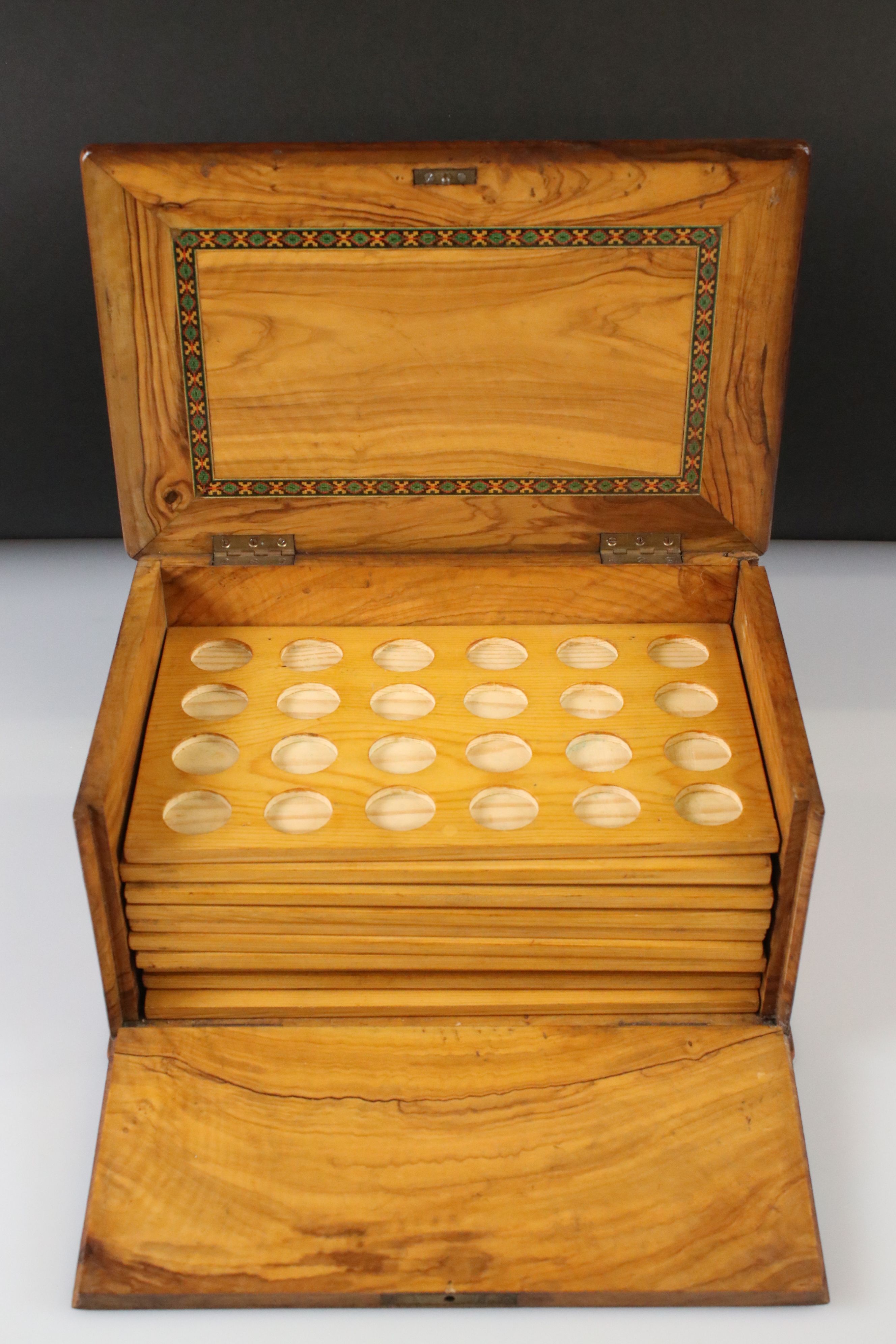 Olive wood coin collectors cabinet, together with a selection of vintage scientific slides - Image 2 of 11