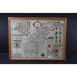 John Speed, Antique Hand coloured Map Engraving of Northamtonshire (Northamptonshire), 52cm x