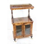 Victorian Inlaid Walnut Whatnot, the upper section with brass pierced gallery rail above a glazed