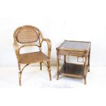 Wicker and Bamboo Elbow Chair, 62cm wide x 89cm high together with a Wicker and Bamboo Square Two