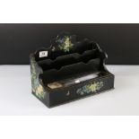 Victorian black lacquered desk tidy with painted flowers and insects