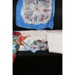 A small collection of vintage silk scarves together with a small quantity of vintage linen.