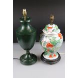 Green Toleware Table Lamp together with a Porcelain Table Lamp formed from a Chinese Jar and Lid,