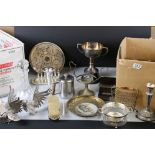 A large group of mixed collectables to include a large quantity of silver plate, wooden tie press,