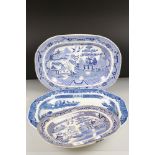 Chinese Blue and White Willow Pattern Meat Plate 48cm long together with Two Staffordshire Pottery