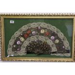 Spanish Lace and Hand Floral Painted Fan, framed, glazed and mounted, fam measures 64cm wide x
