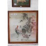 Oriental painting on fabric of chicken and cockerel with chicks, mounted burr maple frame, approx.